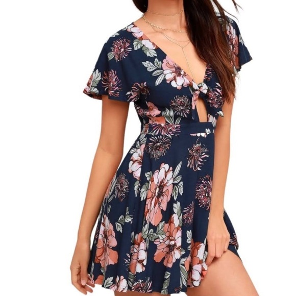 Lulus Botanic of Time Navy Blue Floral Print Tie Front Skater Mini‎ Dress - Picture 1 of 13